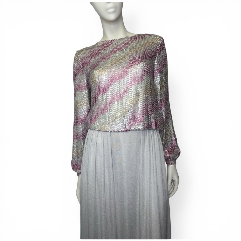 Malcom Starr Vintage 70's Ombré Pink‎ & Silver Sequin Top And Maxi Skirt Gown M